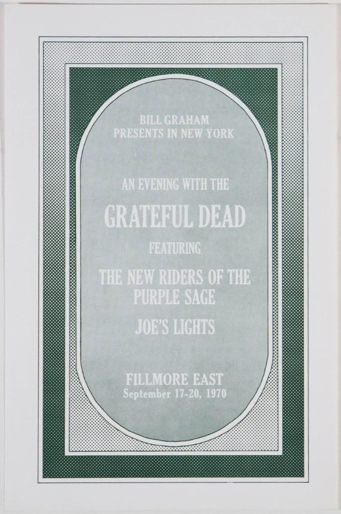 1970 Grateful Dead NRPS Fillmore East Program Near Mint 89: This is an original Bill Graham Program advertising a run of shows at the legendary Fillmore East in New York City, featuring Grateful Dead, New Riders of the Purple Sage, and more on 9/17-20/70. 