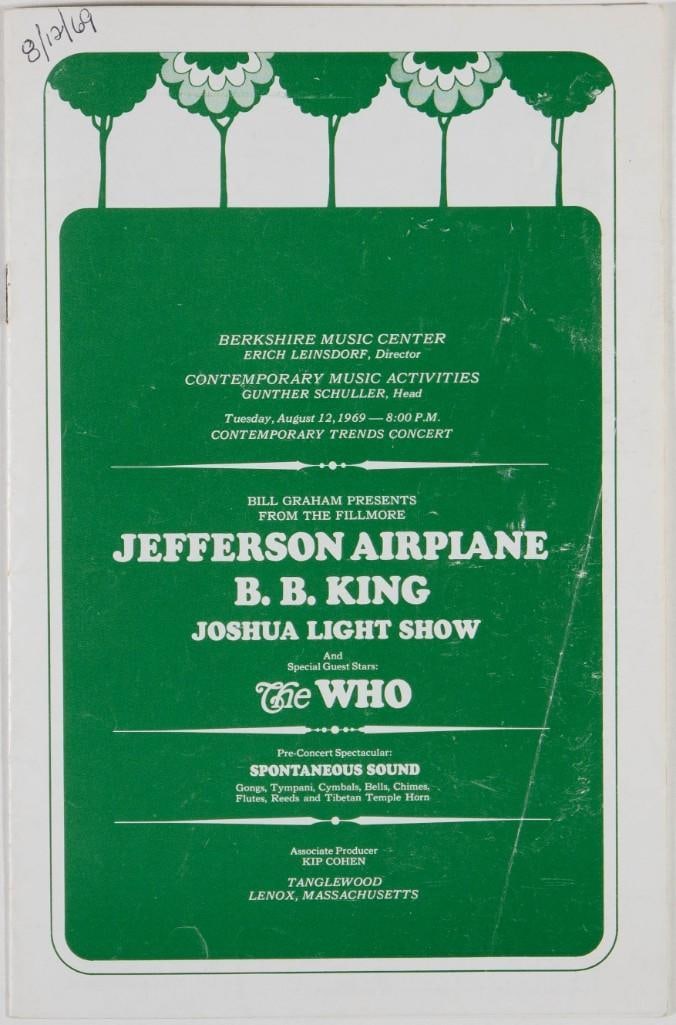 1969 The Who Jefferson Airplane Tanglewood Music Shed Program Extra Fine 65: Check out this rare Tanglewood original program featuring The Who with the legendary Jethro Tull! The show was produced by Bill Graham and the staff of the Fillmore East. This 12-page program