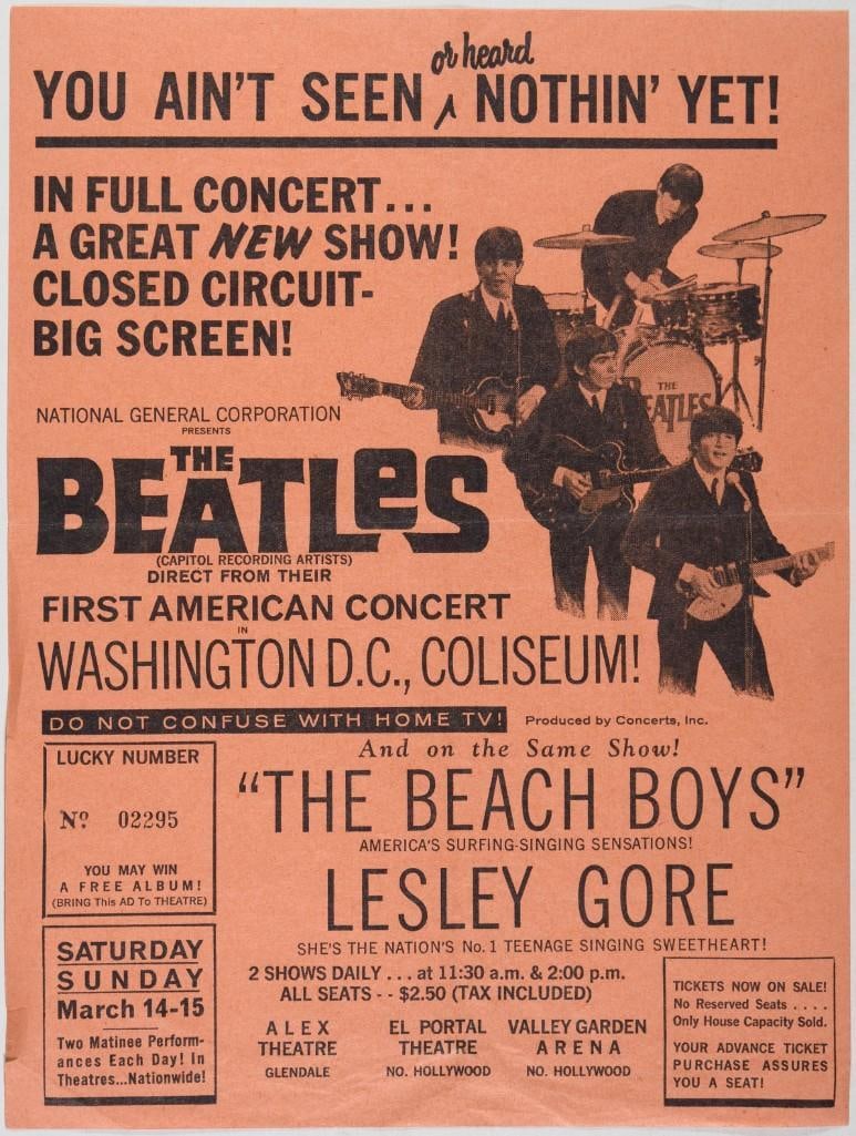 1964 The Beatles The Beach Boys Washington DC Coliseum Broadcast Handbill Extra Fine 69: Here is a promotional flyer for a closed-circuit broadcast of a Beatles concert originally recorded on February 11, 1964, at the Washington Coliseum. The show had also included performances by The
