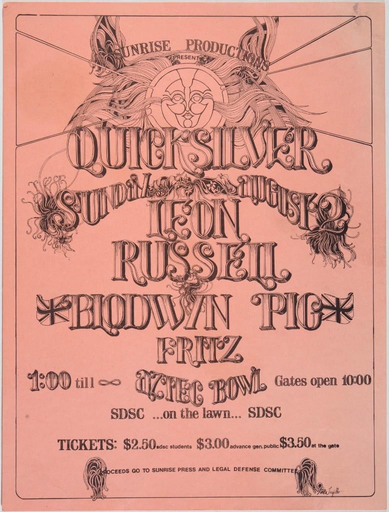 1970 Quicksilver Leon Russell Aztec Bowl Poster Extra Fine 69: This poster announced Quicksilver Messenger Service, Leon Russell, Blodwyn Pig, and Fritz at the Aztec Bowl in San Diego on August 2nd, 1970. Although they were not as commercially successful as