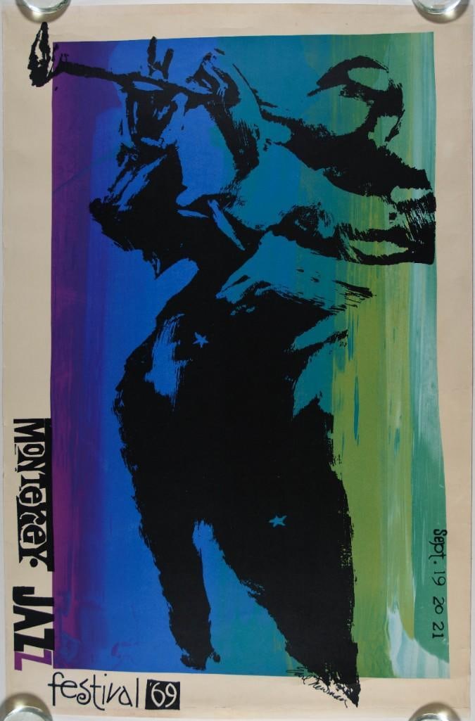 1969 Monterey Jazz Festival Miles Davis Thelonious Monk Monterey Fairgrounds Poster Excellent 73: This original poster was produced for The Monterey Jazz Festival in September 1969. The festival, founded by San Francisco jazz radio broadcaster Jimmy Lyons, was historic in its own right - this