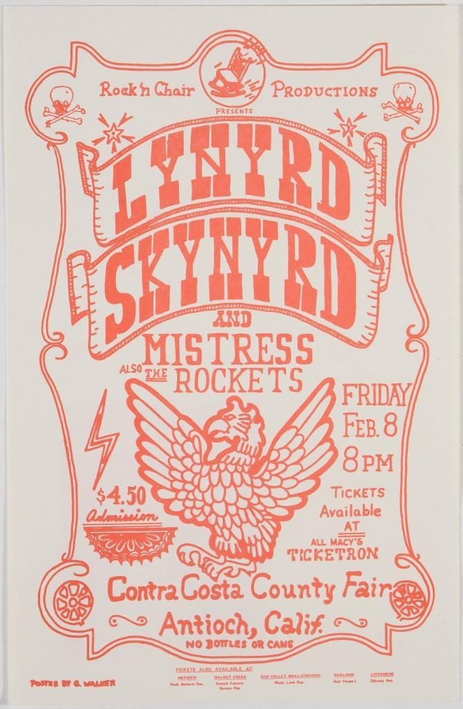 1974 Lynyrd Skynyrd Contra Costa County Fair Antioch Handbill Near Mint 89: This handbill was produced for Lynyrd Skynyrd at the Contra Costa County Fair in Antioch, California on February 8th, 1974. The band released their first album the year prior, having settled on a