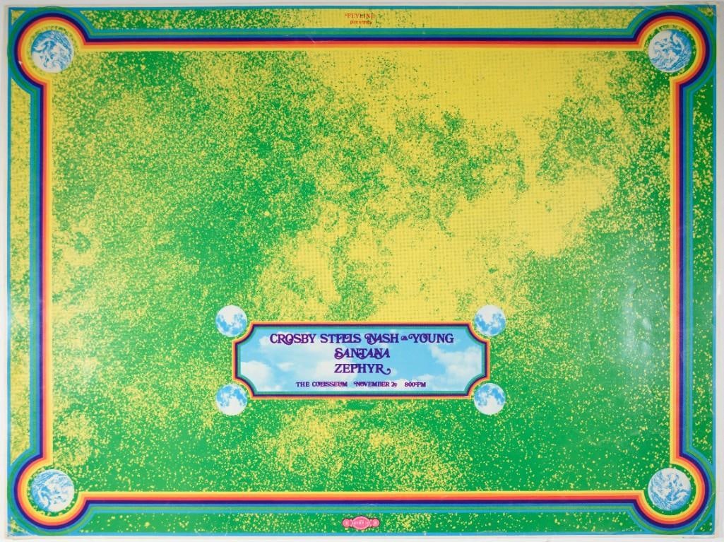 1969 Crosby Stills Nash & Young Santana Arizona Veterans Memorial Coliseum Poster Extra Fine 69: This poster was produced for Crosby, Stills, Nash, and Young and Santana at The Arizona Veterans Memorial Coliseum in Phoenix, Arizona on November 1969. Without a doubt, both bands were deep in t