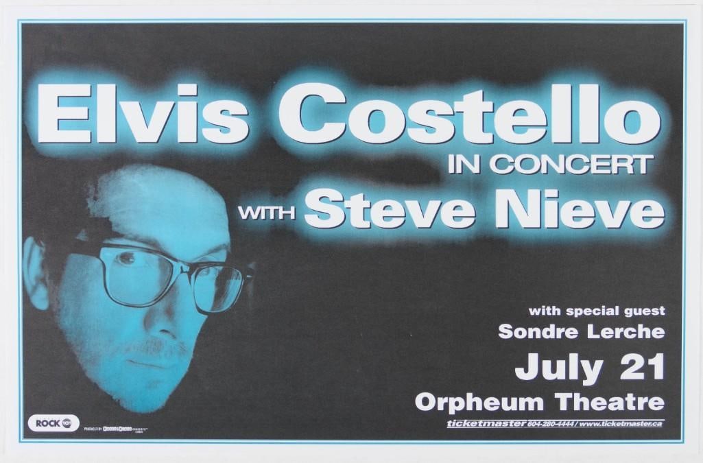 2003 Elvis Costello The Orpheum Theatre Vancouver Poster Near Mint 89: This poster announced Elvis Costello's appearance at The Orpheum Theatre in Vancouver, BC on July 21st, 2003. --CRITICAL DETAILS-- --TITLE Elvis Costello The Orpheum Theatre Original Pre-Con