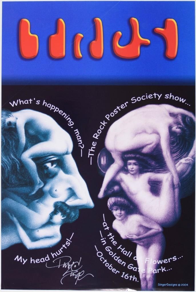 2004 David Singer TRPS Hall of Flowers Signed Singer Poster Extra Fine 69: This poster is signed by the artist, David Singer! Here we have a poster by artist David Singer, produced for The Rock Poster Society annual poster show in 2004 at the Hall of Flowers in Golden Gate