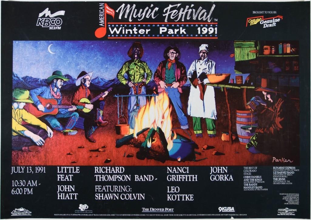 1991 Little Feat John Hyatt The American Music Festival Winter Park Poster Excellent 75: This poster was produced for the 1991 American Music Festival held in Winter Park, Colorado. The festival took place on July 13, 1991, featuring a lineup including Little Feat, Richard Thompson Band,