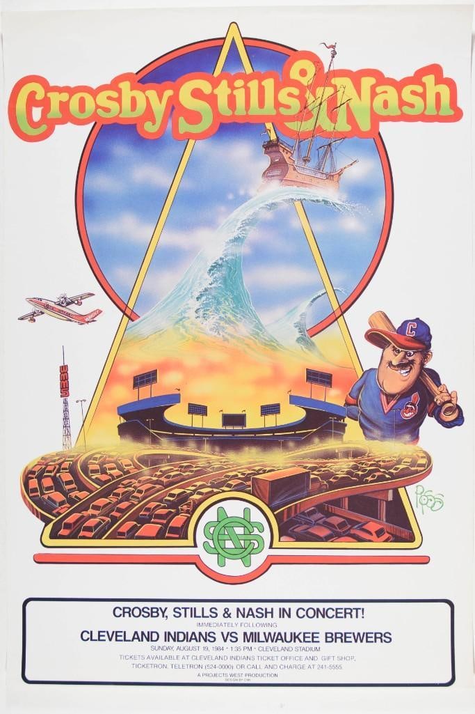 1984 Crosby Still & Nash Cleveland Stadium Poster Near Mint 87: This poster was produced for Crosby, Stills, Nash, and Young appearing at the Cleveland Stadium on August 19th, 1984. The concert was scheduled immediately following a baseball game between the Clevel