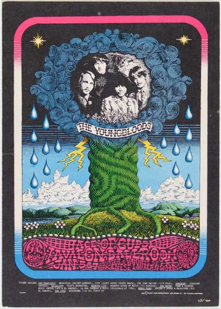 1968 FD-100 Youngbloods Ace of Cups Avalon Ballroom Postcard Extra Fine 69: The FD-100 original postcard was designed by artist Charles Laurens Heald to promote The Youngbloods at the Avalon Ballroom in January 1968. Ace of Cups and John Bauer’s Rocking Cloud were