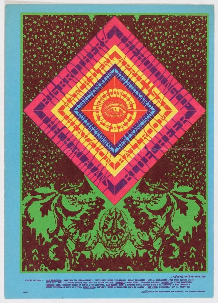 1967 FD-55 Big Brother & the Holding Company Blue Cheer Avalon Ballroom Postcard Extra Fine 67: The design for this Family Dog Victor Moscoso postcard was inspired by a Native American object consisting of crossed sticks and wrapped colored yarn called a God's Eye. Original Postcards are, w