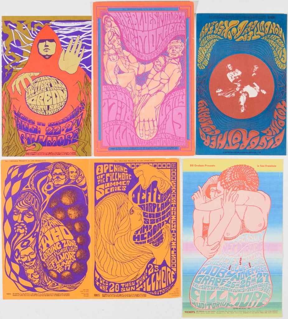 Lot of 5 Bill Graham Numbered Series Postcards Excellent 79: This lot features 5 total Bill Graham numbered series postcards. One is a double-folded calendar card. --CRITICAL DETAILS-- --TITLE 5 Bill Graham Fillmore postcards --GRADE Excellent 79 A