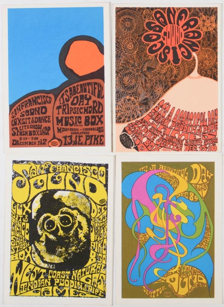 Lot of 4 San Francisco Sound Seattle Postcards Near Mint 85: This lot features four vintage 1960s postcards from the venue San Francisco Sound in Seattle, Washington. --CRITICAL DETAILS-- --TITLE 4 San Francisco Sound postcards --GRADE Near Mint 85 