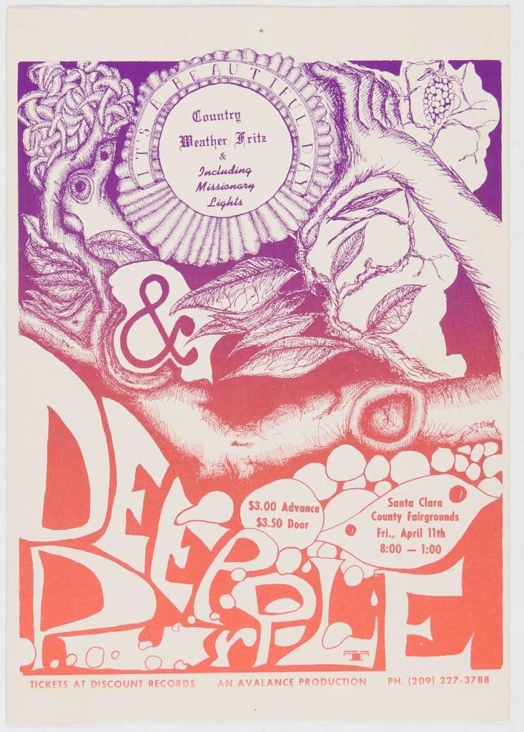 1969 Deep Purple Santa Clara Fairgrounds Handbill Excellent 79: This handbill was created to promote a performance by Deep Purple, and It's a Beautiful Day at the Santa Clara County Fairgrounds in April, 1969. Condition Details: Pinhole --CRITICAL DETAILS--