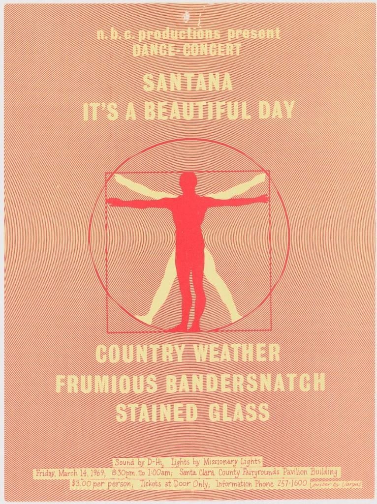 1969 Santana It's A Beautiful Day Country Weather Santa Clara Fairgrounds Handbill Excellent 73: This handbill announced a "dance-concert" featuring Santana, It's A Beautiful Day, Country Weather, Frumious Bandersnatch, and Stained Glass. The event took place at the Santa Clara C