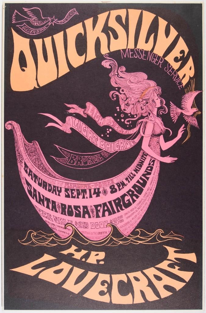 1968 AOR-2.331 Quicksilver Messenger Service Santa Rosa Fairgrounds Poster NG Mounted & Trimmed: This poster has been mounted and trimmed. This rare, beautiful original poster is appearing in our auction for only the second time. It was designed by artist Sam Sadofsky to advertise Quicksilver