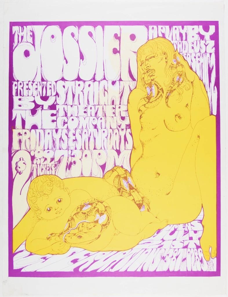 1967 The Dossier A Play by Tadeusz Rosewicz Straight Theatre Poster Excellent 75: This psychedelic-style poster promoted The Dossier, A Play by Tadeusz Rosewicz at Haight-Ashbury's Straight Theatre in July 1967. Haight Street's neighborhood venue during the