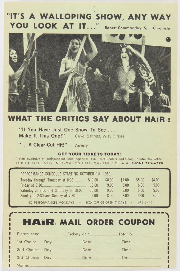 1969 Hair the Musical Geary Theatre Handbill Excellent 73 - 2