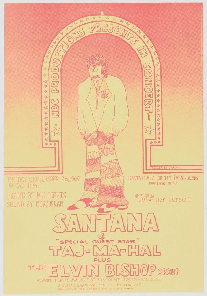 1969 Santana Taj Mahal Elvin Bishop Santa Clara Fairgrounds Handbill Excellent 75: This handbill announced an event featuring Santana, Taj Mahal, and The Elvin Bishop Group held on September 26, 1969 at the Santa Clara Fairgrounds. Condition Details: Pinhole --CRITICAL DETAIL