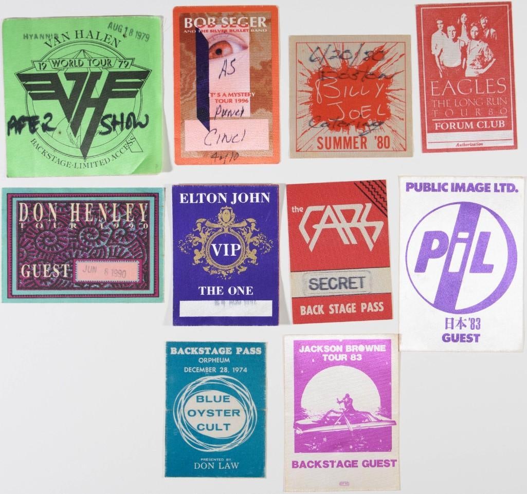 Lot of 10 Guest Passes NG: This lot features 10 cloth backstage & crew passes for various artists including Van Halen, Bob Seger, Eagles, Don Henley, Elton John, The Car, and more. Condition Details: Don Henley has no back