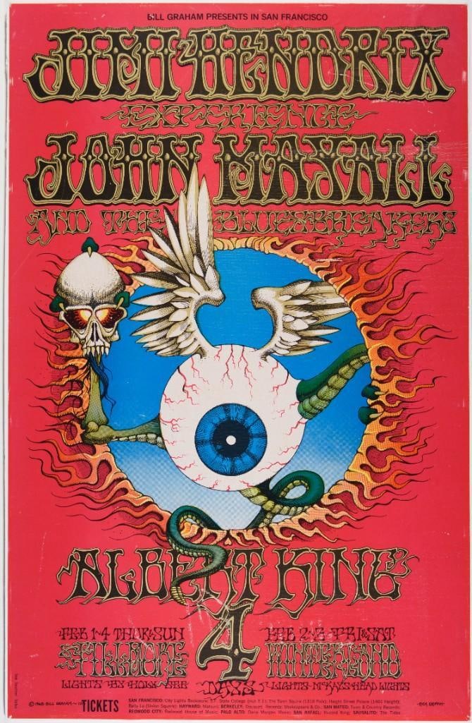1968 BG-105 Jimi Hendrix Winterland & Fillmore Auditorium RP2 Poster MOUNTED: This RP-2 poster is mounted on board. This lot offers an official Second Printing of what is considered by many collectors to be the most famous concert poster from the 1960s, Rick Griffin's