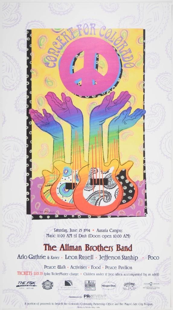 1994 Allman Brothers Band Leon Russell Jefferson Starship Auraria Campus Poster Near Mint 89: This poster was produced for a "Concert for Colorado" featuring the Allman Brothers Band, Arlo Guthrie, Leon Russell, Jefferson Starship, and Poco. It was held on the Auraria Campus in Denver,