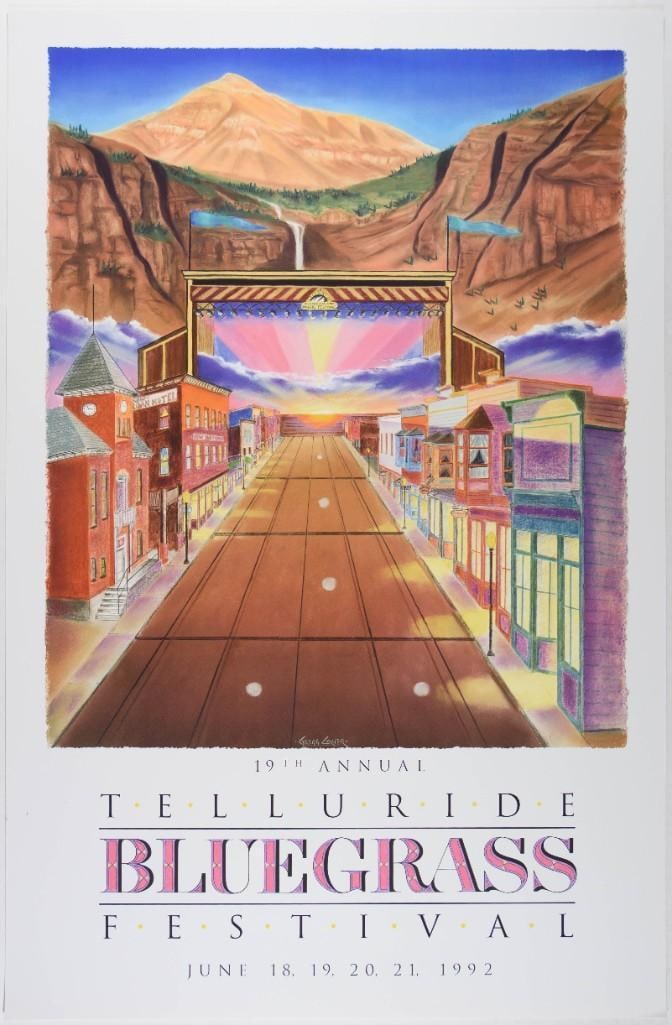 1992 Telluride Bluegrass Festival Colorado Poster Near Mint 85: This poster announced the 19th annual Telluride Bluegrass Festival, an annual event held in Telluride, Colorado. This 1992 lineup included Rusty String Band, Leo Kottke, Alison Krauss and Un