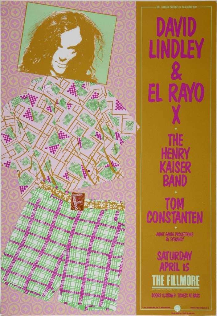1989 NF-88 David Lindley & El Rayo Henry Kaiser Tom Constanten The Fillmore Poster Near Mint 85: This New Fillmore issue promoted David Lindley and El Rayo X headlining a show at the San Francisco venue on April 15th, 1989. Supporting acts included The Henry Kaiser Band and Tom Constanten, the fo