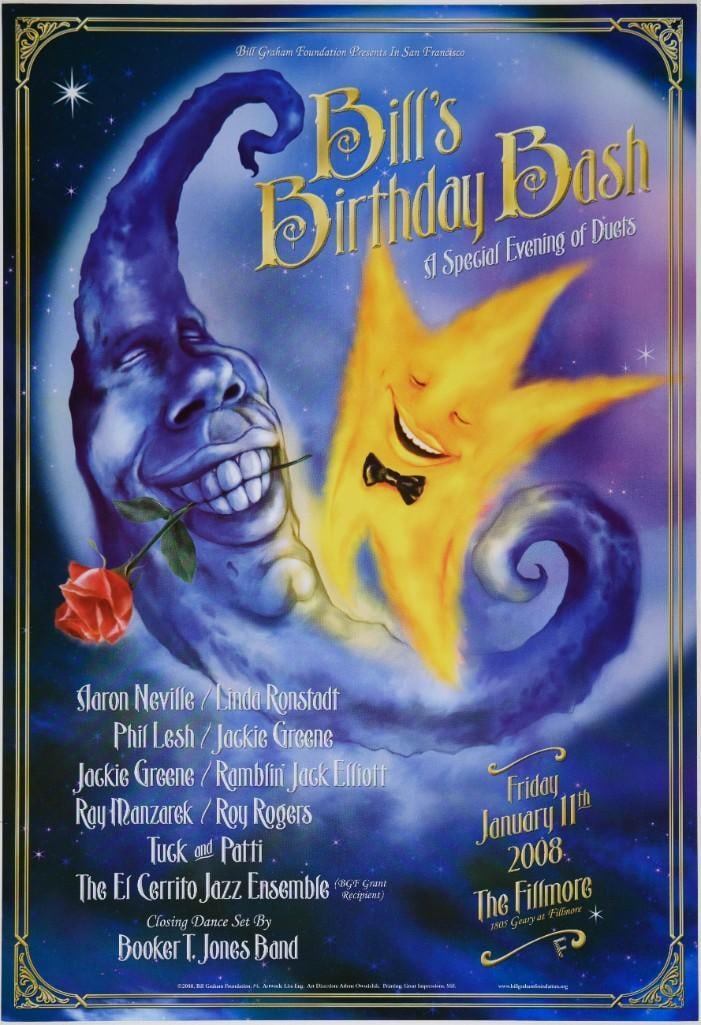 2008 Bill's Birthday Phil Lesh Aaron Neville Linda Ronstadt The Fillmore Poster Near Mint 89: The New Fillmore concert poster series was initiated in 1988 when legendary promoter Bill Graham started producing events again at the historic original Fillmore Auditorium in San Francisco. Though th
