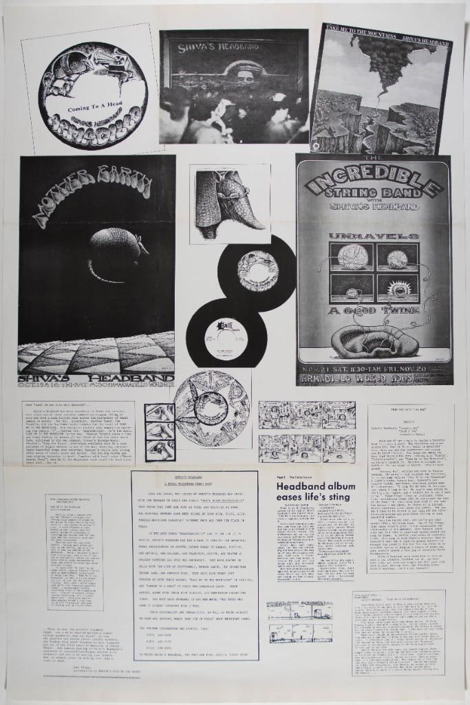 Shiva's Headband Armadillo Promotional Materials Collage Poster Excellent 70: This lot features a collage poster of an assortment of promotional materials for Austin, Texas's psychedelic band, Shiva's Headband, appearing at the Armadillo World Headquarters. Also