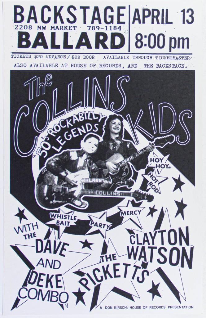 1996 The Collins Kids Backstage in Ballard Seattle Cardstock Poster Near Mint 83: This poster, printed on cardstock, was produced for 50s rockabilly legends The Collins Kids playing at the Backstage in the Ballard neighborhood of Seattle, Washington, in April 1996. They were