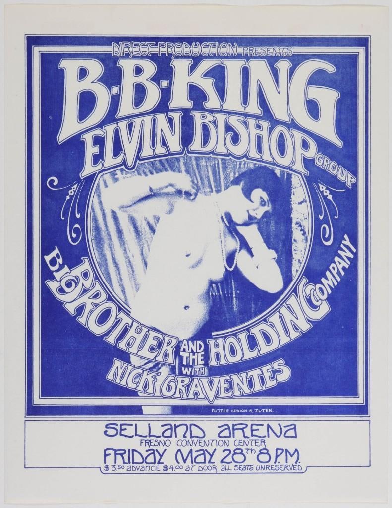 1971 B.B. King Big Brother Elvin Bishop Selland Arena Handbill Near Mint 81: This concert at Selland Arena in Fresno was headlined by King, along with Elvin Bishop and Big Brother (post-Janis), with Nick Gravenites (Misspelled on the handbill). Condition Details: Blue ink on