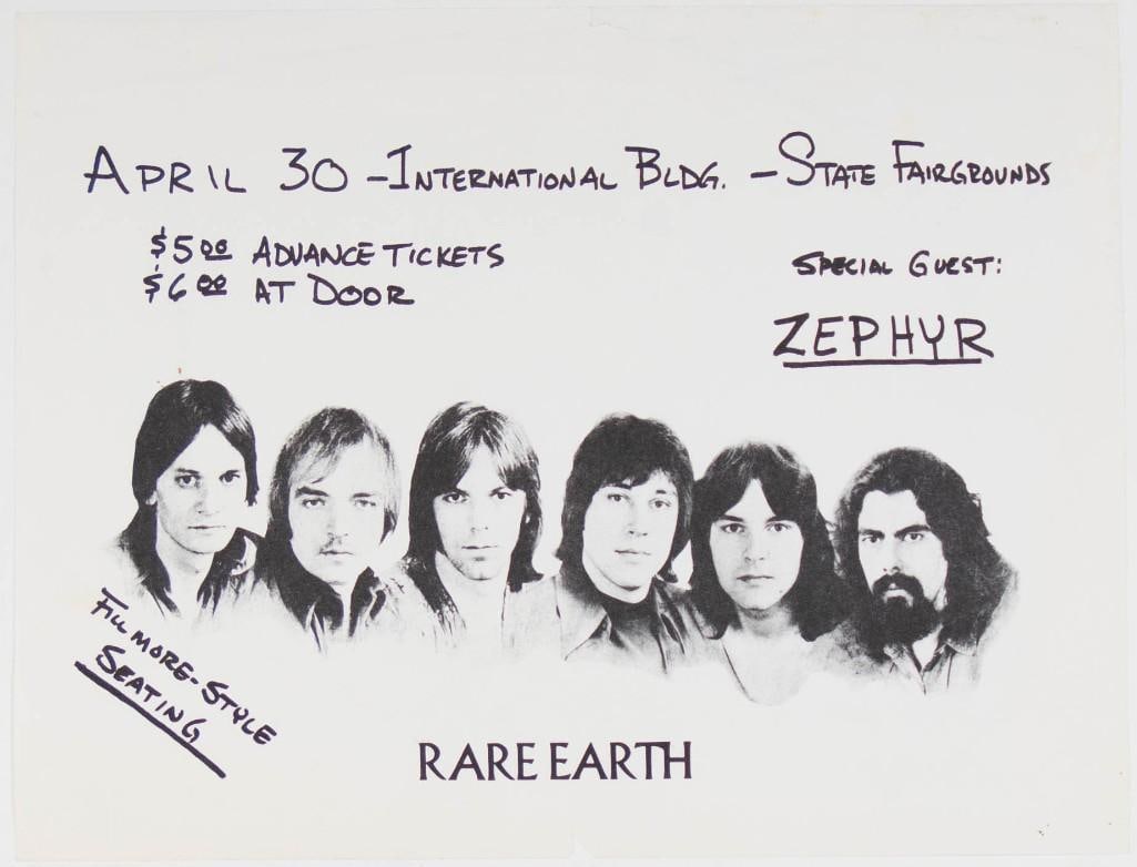 1970 Rare Earth Zephyr International Building Handbill Extra Fine 69: This handbill announced Rare Earth headlining an event at the International Building with special guest Zephyr. Condition Details: Paper loss bottom edge, tear top edge, creases --CRITICAL DETAILS--