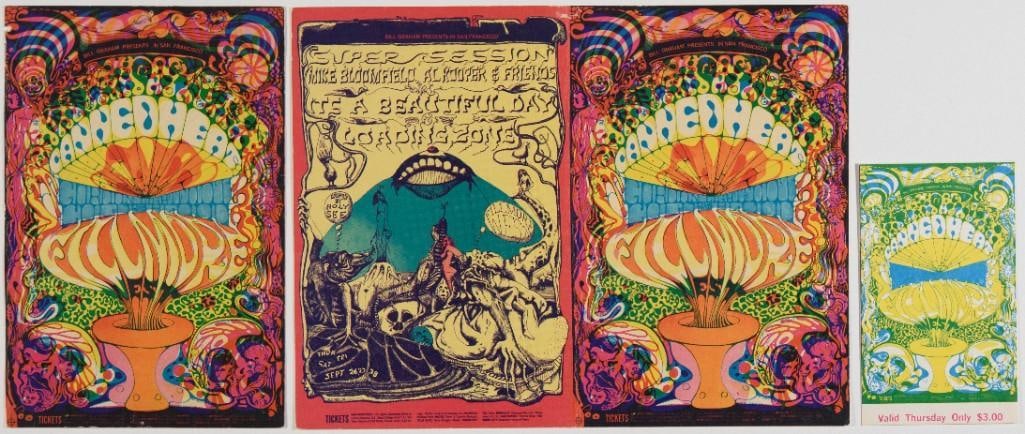1968 BG-138/139 It's A Beautiful Day Canned Heat Fillmore West Postcards & Ticket Near Mint 83: Here we have a double-postcard of two Lee Conklin-designed 1968 issues, along with a single example of the BG-139 handbill and a ticket. Legendary bands, legendary poster artists, and legendary c