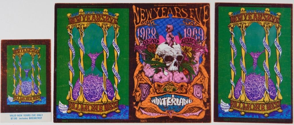 1968 BG-152/153 Grateful Dead Winterland & Fillmore West Postcards & Ticket Near Mint 83: Here we have a double-postcard of Lee Conklin-designed, New Year's Eve 1968 issues! One is for the Winterland New Year's Eve party with the Grateful Dead & Santana, the other for the 