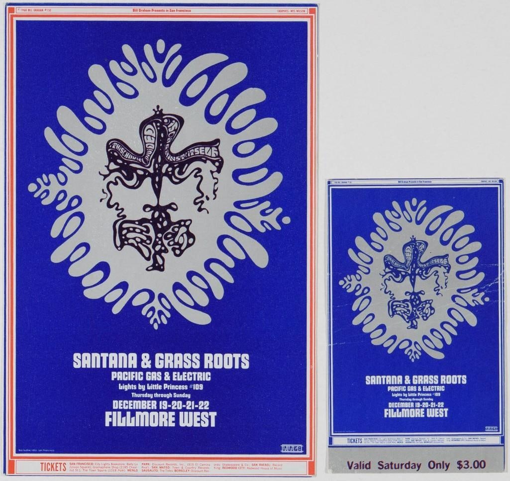 1968 BG-150 Santana Grass Roots Fillmore West Postcard & Ticket Not Graded: After a long hiatus from creating Fillmore posters, artist Wes Wilson returned to create a pair of pieces in December of 1968. This postcard and ticket exhibit this artwork! By that time, his style ha