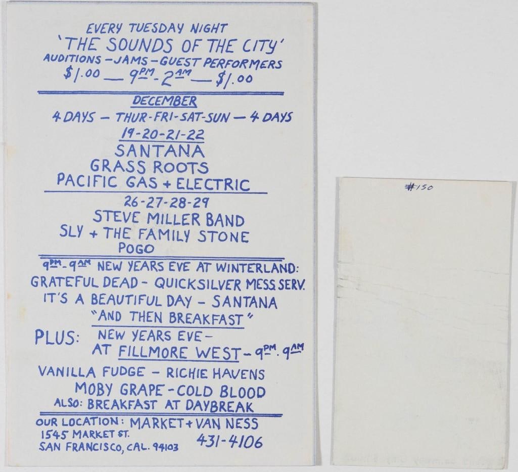 1968 BG-150 Santana Grass Roots Fillmore West Postcard & Ticket Not Graded - 2