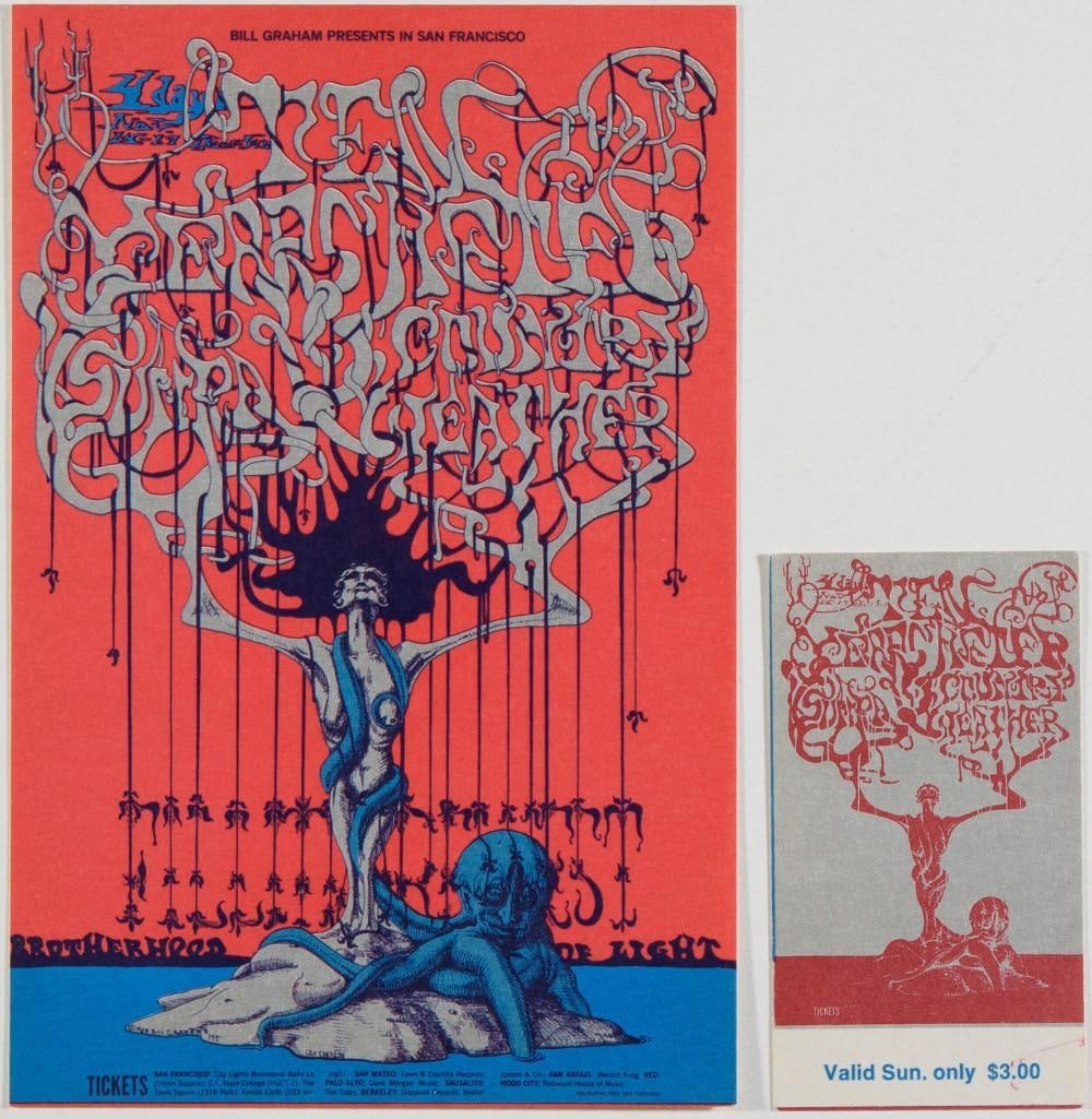 1968 BG-145 Ten Years After Country Weather Sun Ra Fillmore West Postcard & Ticket Near Mint 89: This lot features an original postcard and Sunday ticket for the BG-145 event, featuring Ten Years After, Country Weather, and Sun Ra at the Fillmore in November 1968. A Lee Conklin psyched