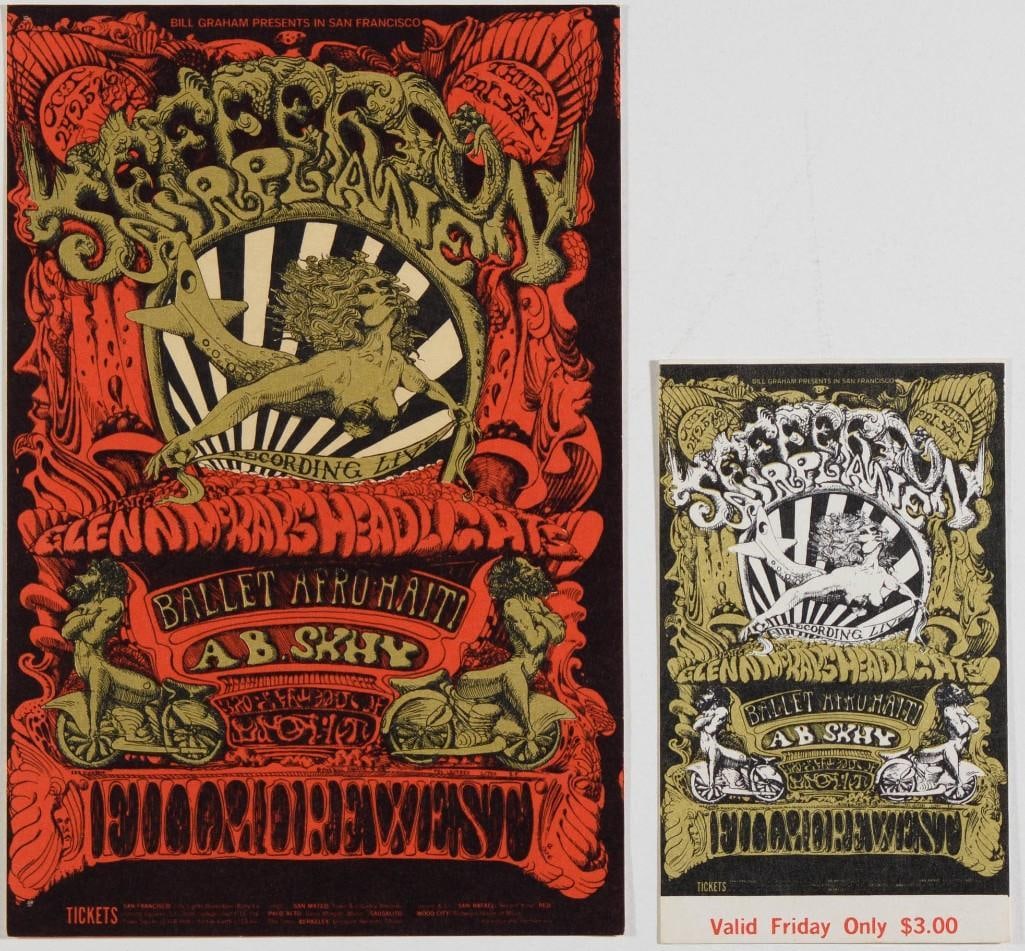 1968 BG-142 Jefferson Airplane A.B. Skhy Fillmore West Postcard & Ticket Near Mint 89: Original OPC-B Postcard and Friday ticket featuring Jefferson Airplane, Ballet Afro-Haiti, and A.B. Skhy at the Fillmore West for a run of shows in October 1968. Incredible artwork by master Lee Conkl