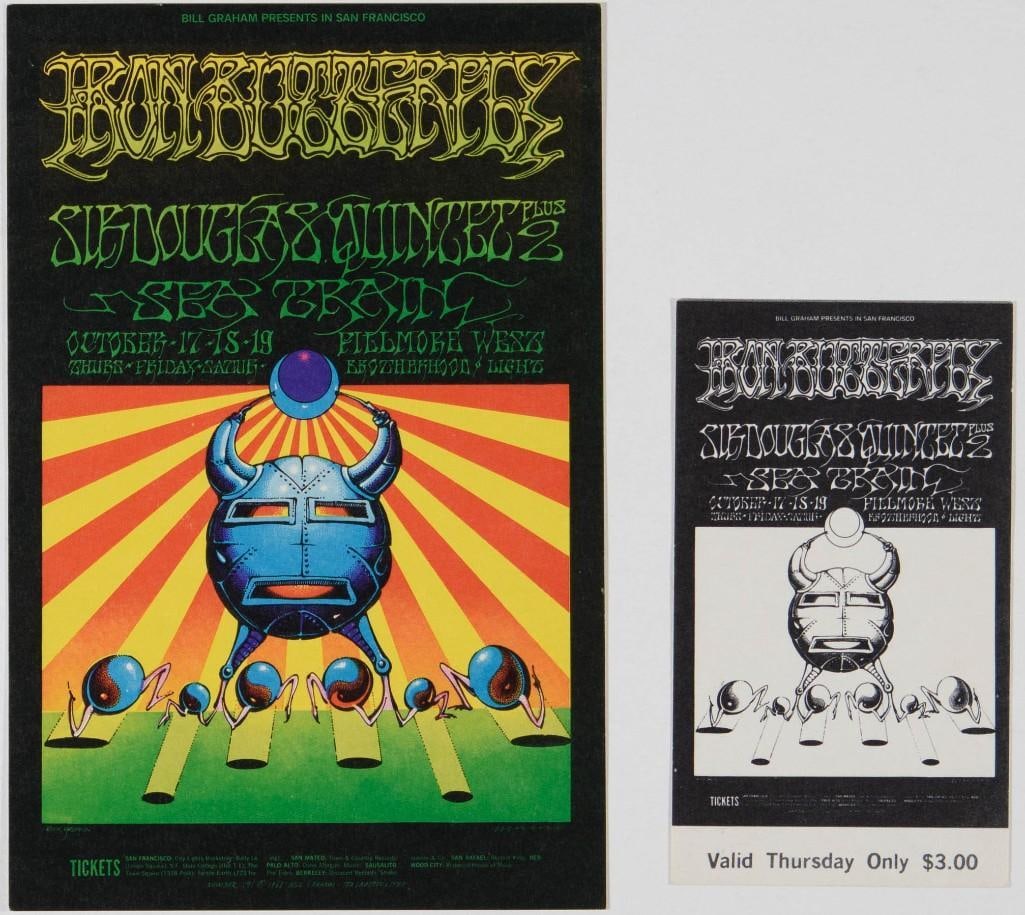 1968 BG-141 Iron Butterfly Sir Douglas Quintet Fillmore West Postcard & Ticket Near Mint 89: Presenting this original postcard & ticket featuring the BG-141 artwork! It features a beautiful design that was a collaboration from indisputably two of the very best concert poster artists 