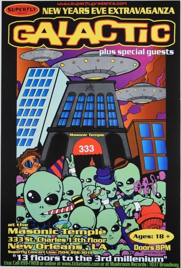 1999 Galactic Masonic Temple Poster Near Mint 89: This poster was created for Galactic's New Years Extravaganza at the Masonic Temple in New Orleans in 1999. --CRITICAL DETAILS-- --TITLE Galactic Masonic Temple Poster --GRADE<