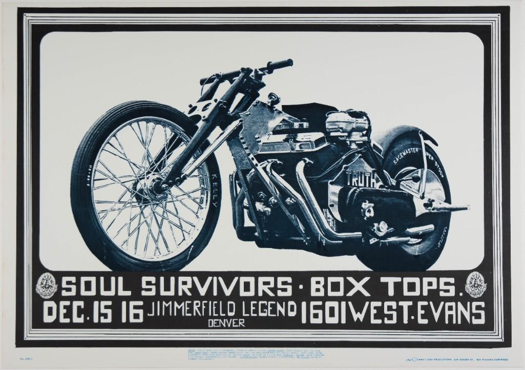 1967 FD-D15 Soul Survivors Box Tops 1601 West Evans St Denver Poster Mint 91: This beautiful Mouse and Kelley Denver Dog poster issue advertised Soul Survivors, Box Tops, and Jimmerfield Legend at 1601 West Evans Street in Denver on December 15, 1967. This is definitely one to 