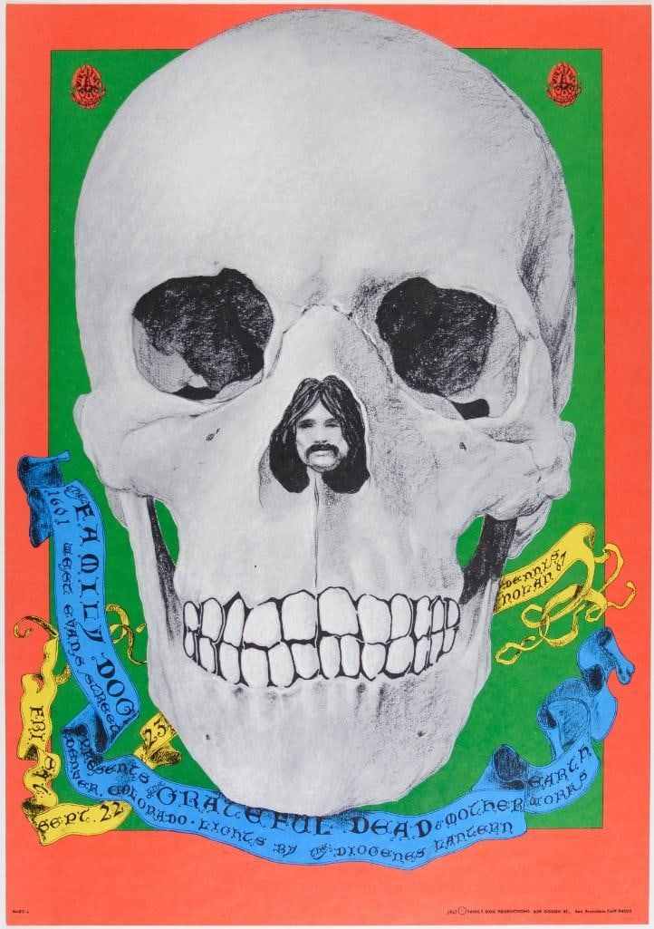 1967 FD-82 Grateful Dead 1601 West Evans St Denver Poster Mint 91: The Grateful Dead played a pair of shows at the short-lived Family Dog Venue in Denver, Colorado, in 1967. This advertisement for said event is a real sleeper among Dead posters. It features skull ima