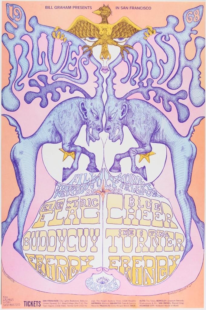 1968 BG-128 Electric Flag Buddy Guy Ike & Tina Turner Fillmore Auditorium Poster Mint 91: This 1968 Blues Bash featured the Electric Flag, featuring Guitarist Mike Bloomfield, at the Fillmore. Bloomfield was a force to be reckoned with. From the Butterfield Blues Band to the short-lived El