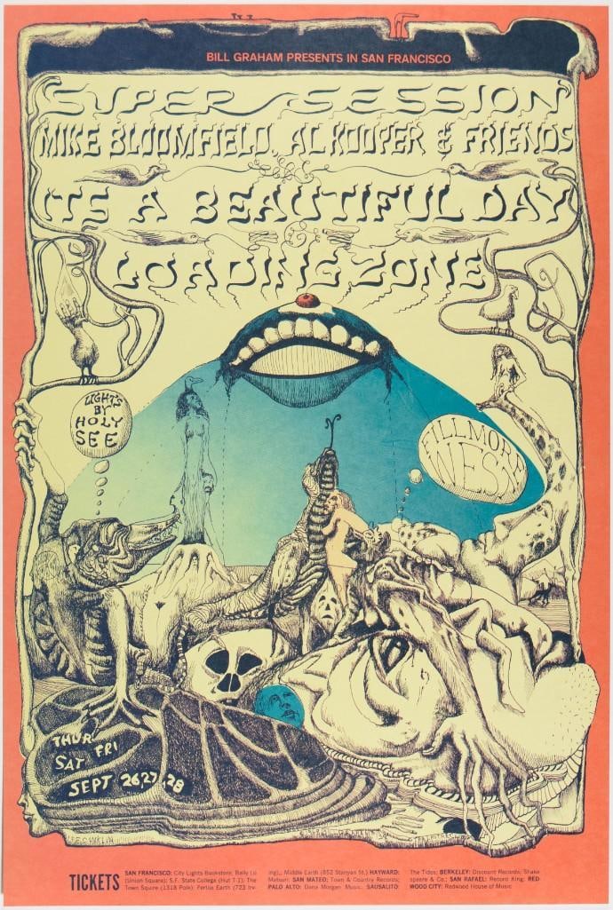 1968 BG-138 Mike Bloomfield Al Kooper Super Session Fillmore West Poster Mint 91: The BG-138 poster advertised the Fillmore appearance of Super Session. Originally, Super Session was a collaboration between Stephen Stills, Mike Bloomfield, and Al Kooper. The recording is one of