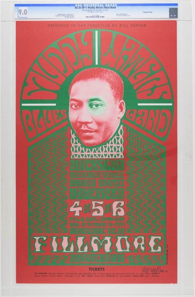 1966 BG-35 Muddy Waters Quicksilver Andrew Staples Fillmore Auditorium Poster CGC 9.0: This is the BG-35 Muddy Waters Fillmore Auditorium Original Handbill. The Legendary Chicago Blues master Muddy Waters was the headliner at this November 1966 Fillmore run. The Chess Records mainstay