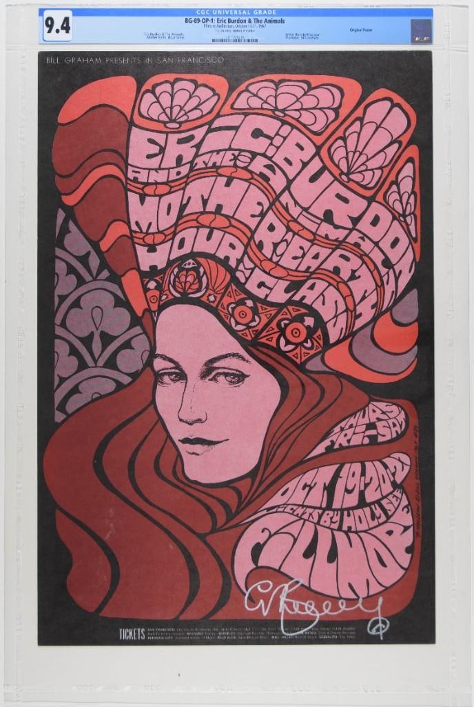 1967 BG-89 Eric Burdon & The Animals Hour Glass Fillmore Auditorium Signed Burdon Poster CGC 9.4: This poster is signed by Eric Burdon! If you are looking for a beautiful first-edition poster from this era in great condition, this lot is for you! Eric Burdon & the Animals were featured at the
