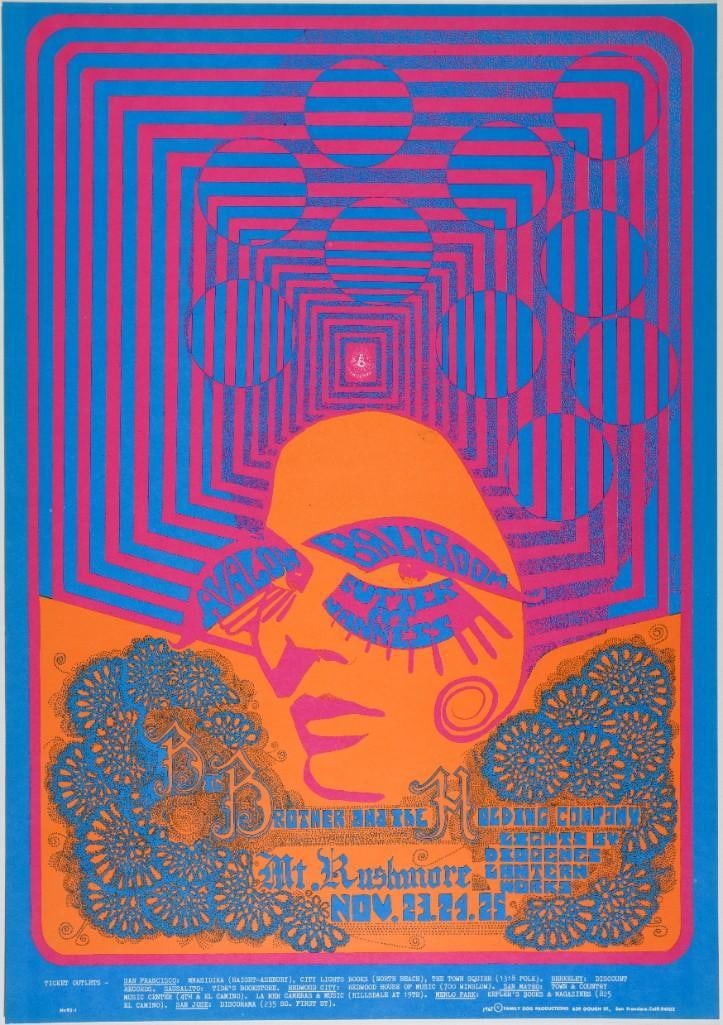 1967 FD-93 Big Brother & the Holding Company Avalon Ballroom Poster Mint 91: Original pre-concert first printing of Big Brother at the Avalon! The FD 93 poster by artist Joe Gomez is well known as a rather unique design in the Family Dog series. The artist only did a few poste