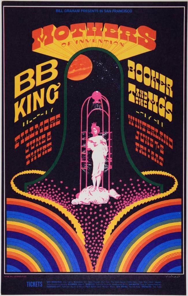 1968 BG-123 Frank Zappa The Mothers B.B. King Winterland & Fillmore Auditorium Poster Near Mint 89: Frank Zappa & The Mothers of Invention, Booker T and the MGs, along with one of the greatest blues guitarists to ever grace the face of the earth. We have reported extensively about the huge and g