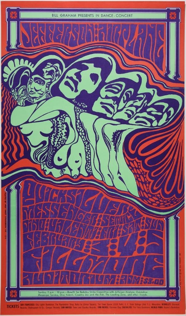 1967 BG-48 Jefferson Airplane Fillmore Auditorium Poster Near Mint 89: This very psychedelic poster by Wes Wilson for a Jefferson Airplane / Quicksilver run of shows at the Fillmore breaks boundaries, literally. The more you examine Wilson's early works, the more