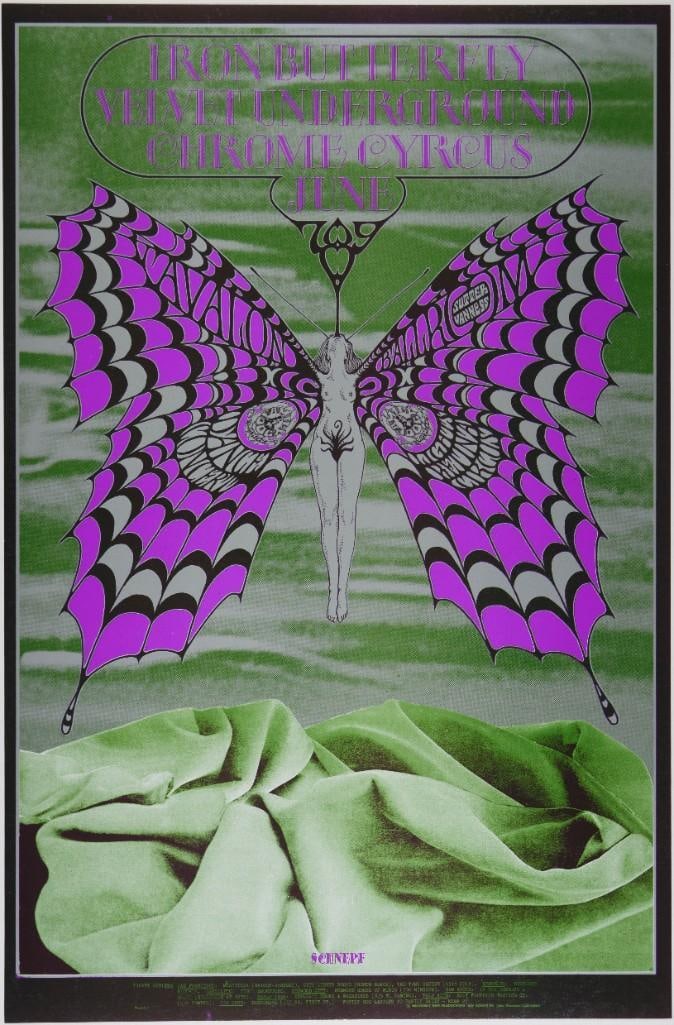 1968 FD-122 Iron Butterfly Velvet Underground Avalon Ballroom Poster Mint 91: This original poster for an Iron Butterfly run of shows at the Avalon with The Velvet Underground in support is one of the most frequently requested posters from the Family Dog series. It is