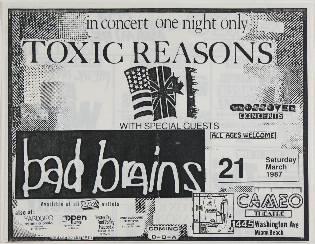 1987 Bad Brains Toxic Reasons The Cameo Theatre Flyer Excellent 75: This flyer was produced for Toxic Reason and Bad Brains performing at The Cameo Theatre in Miami Beach on March 21st, 1987. Bad Brains are often considered the ultimate pioneers of hardcore punk.